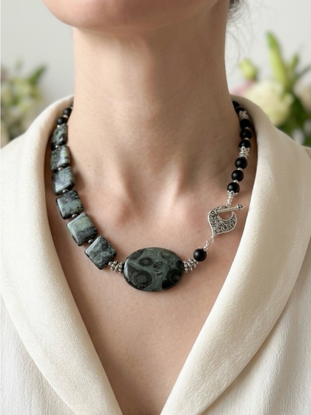 Unique Kambaba Jasper & Matte Onyx OOAK Statement Necklace 18” NWT